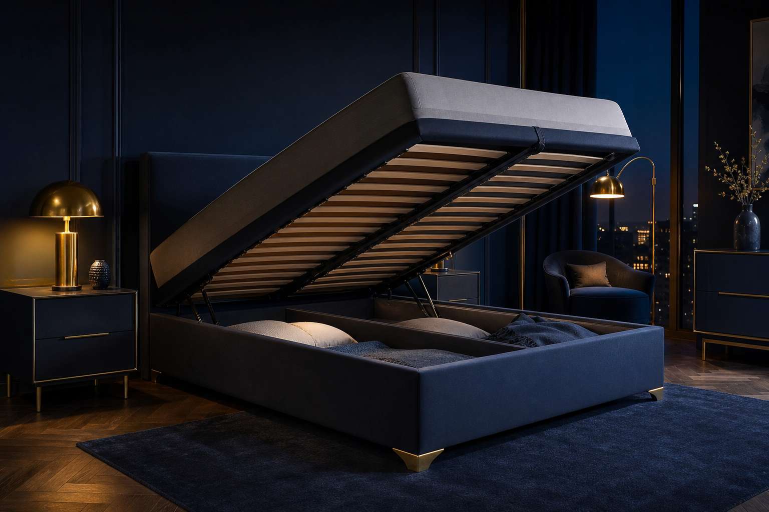 Grand lit avec sommier 200x200 dans une chambre elegante au style feutre et cosy