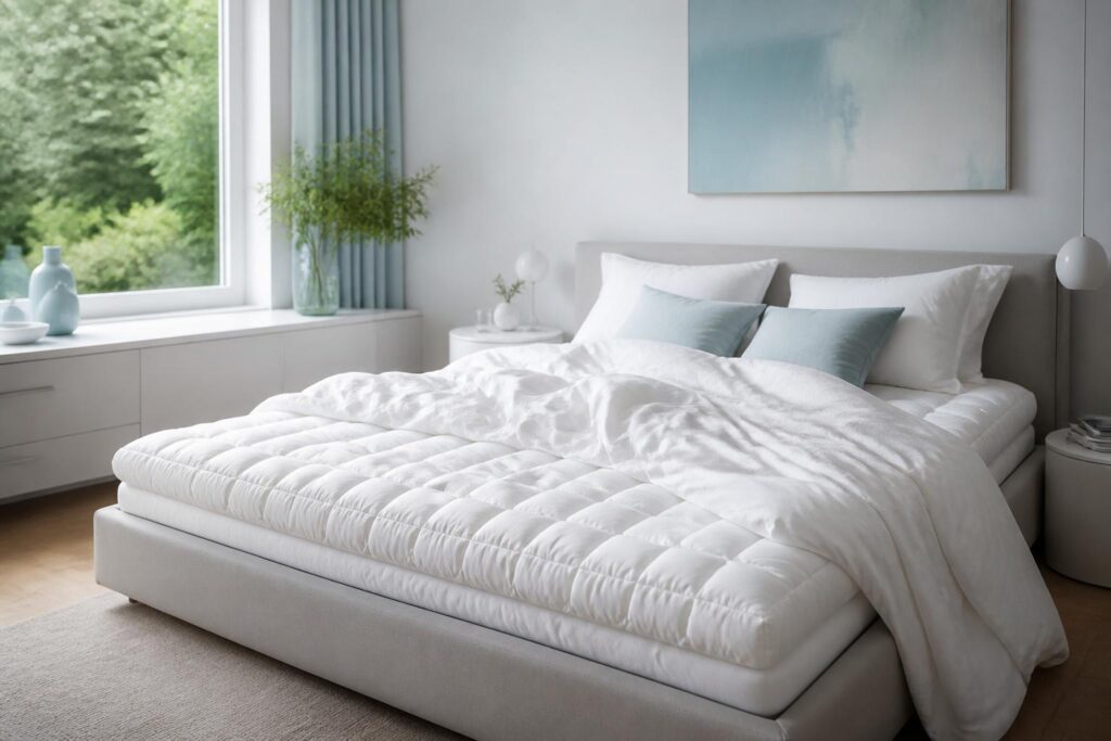 Grand lit moderne avec surmatelas blanc matelassé et oreillers moelleux dans chambre lumineuse
