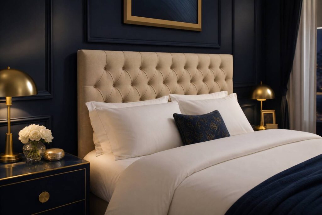 Tête de lit 160 cm design capitonnée beige chambre élégante literie blanche coussin