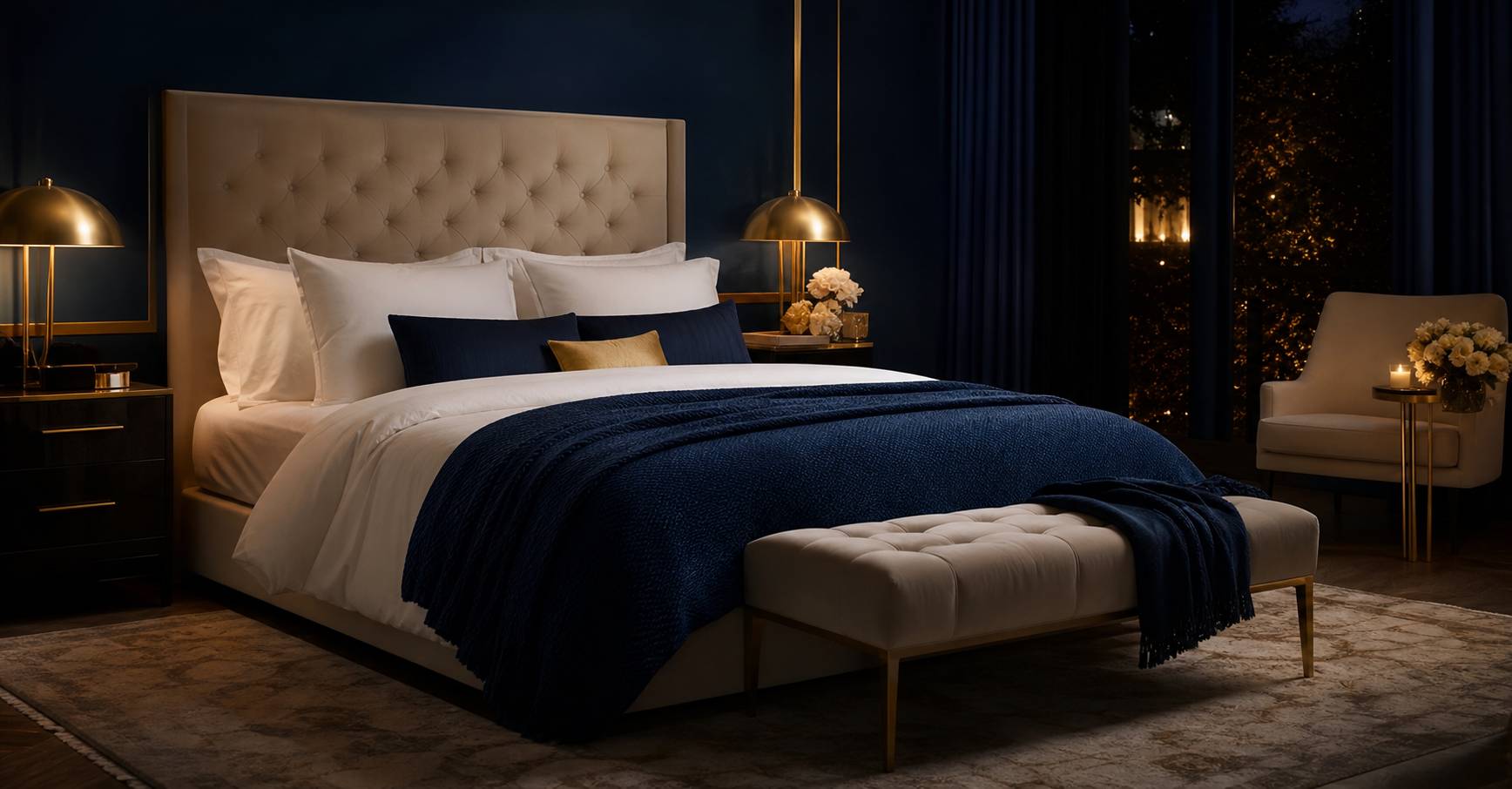 Tête de lit design capitonnée beige avec literie blanche chambre élégante et cosy