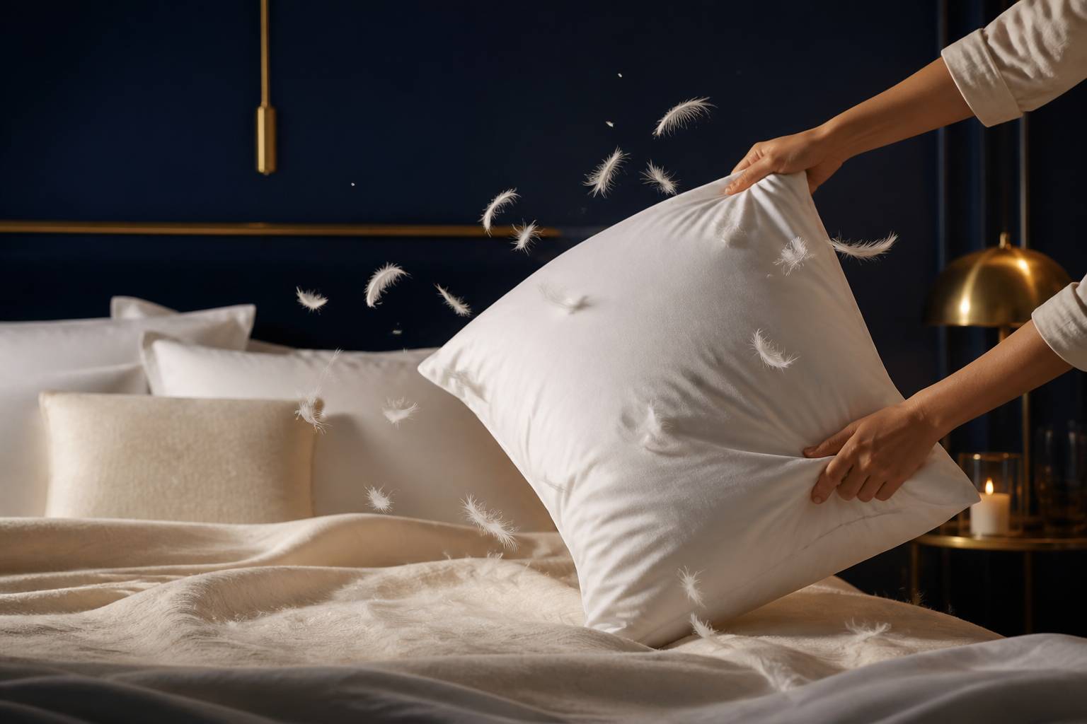 Mains secouant un oreiller en plume pour lui redonner du volume