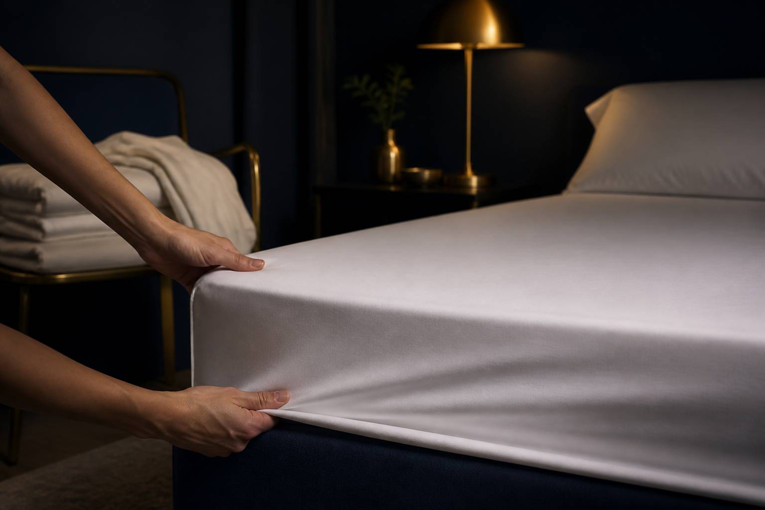 Mains glissant un drap-housse blanc sur le coin d'un matelas