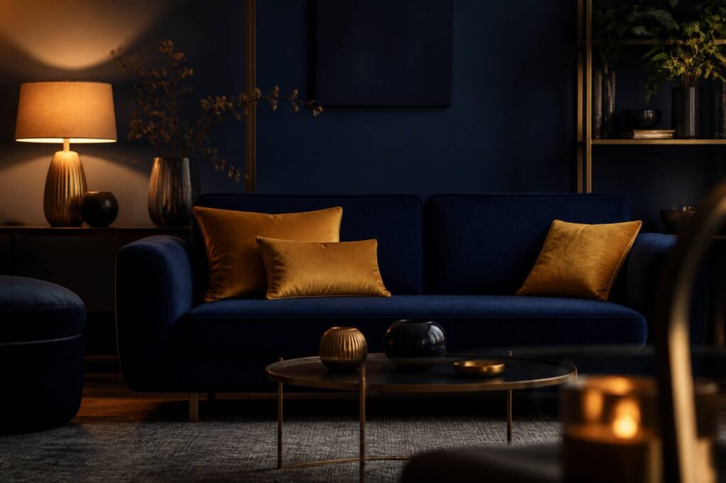 Canapé compact bleu nuit avec coussins laiton dans un petit salon
