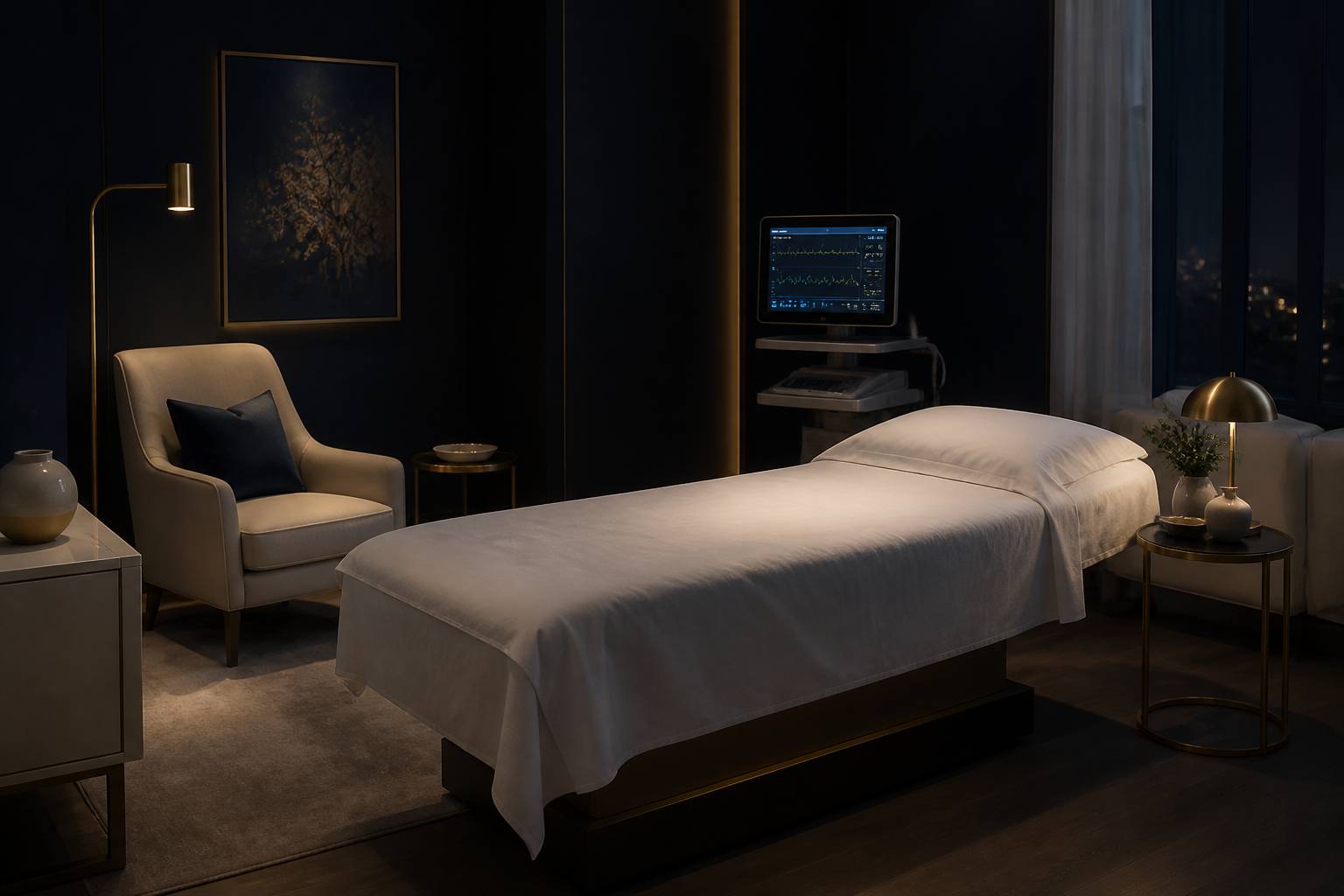 Lit médical dans une chambre sombre avec un écran de surveillance