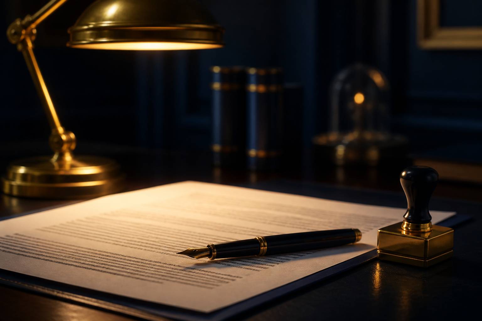 Document générique sous lampe en laiton avec stylo plume