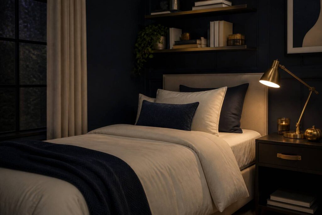 Chambre d'adolescent avec lit une place et lampe de chevet allumée