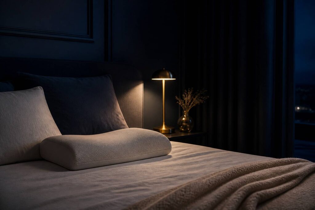 Chambre bleu nuit apaisante avec oreiller ergonomique et lampe en laiton
