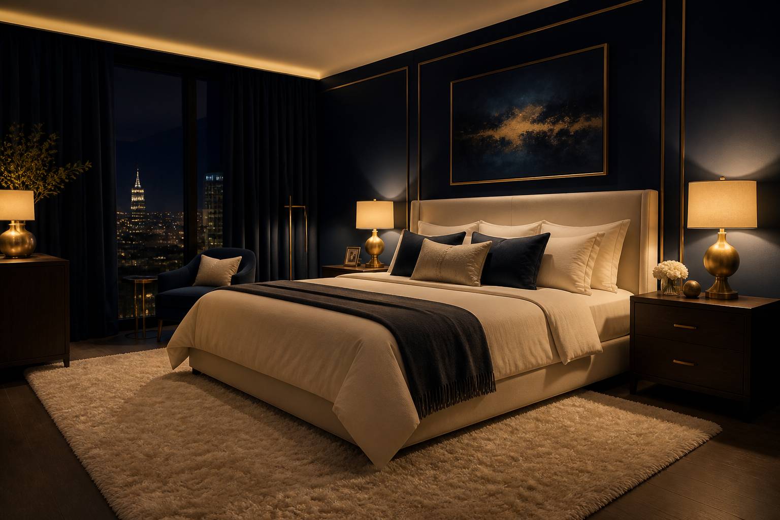 Chambre spacieuse avec lit king size centré et circulation dégagée en lumière nocturne