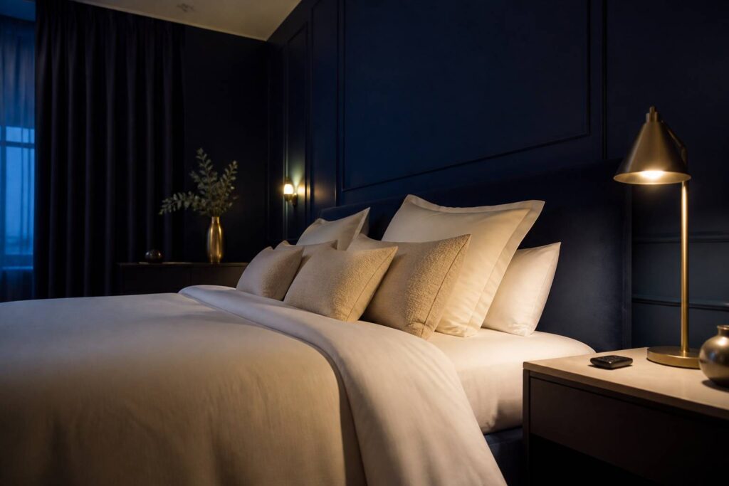 Lit feutré en bleu nuit avec lampe laiton et télécommande de chauffe-matelas