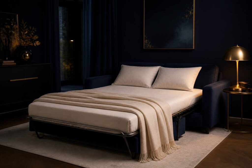 Canapé clic-clac déplié avec matelas épais et plaid dans un salon cosy