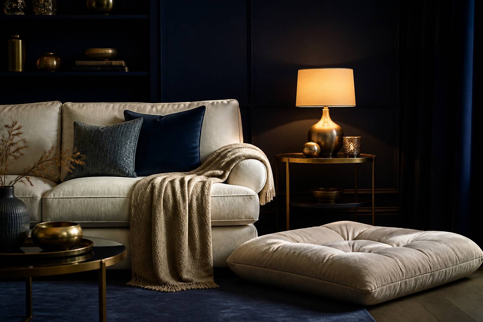 Coussin pour chien et plaid beige à côté d'un canapé dans un salon du soir