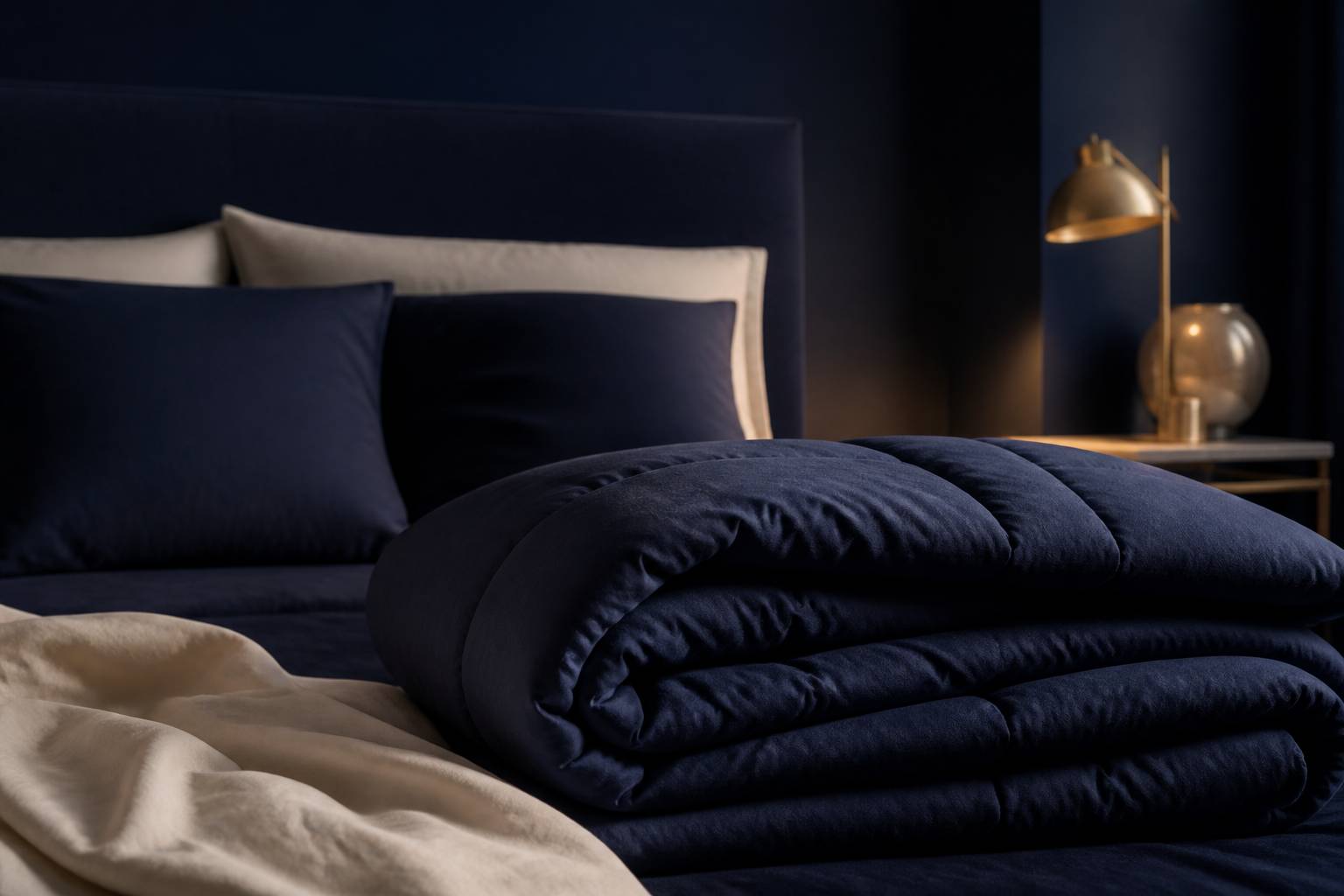 Couette pliée au tissu matelassé sur un lit