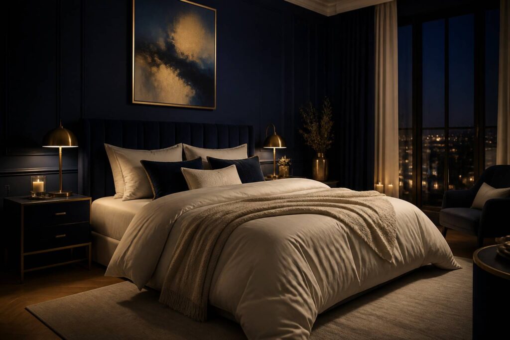 Lit queen size avec une couette épaisse dans une chambre bleu nuit