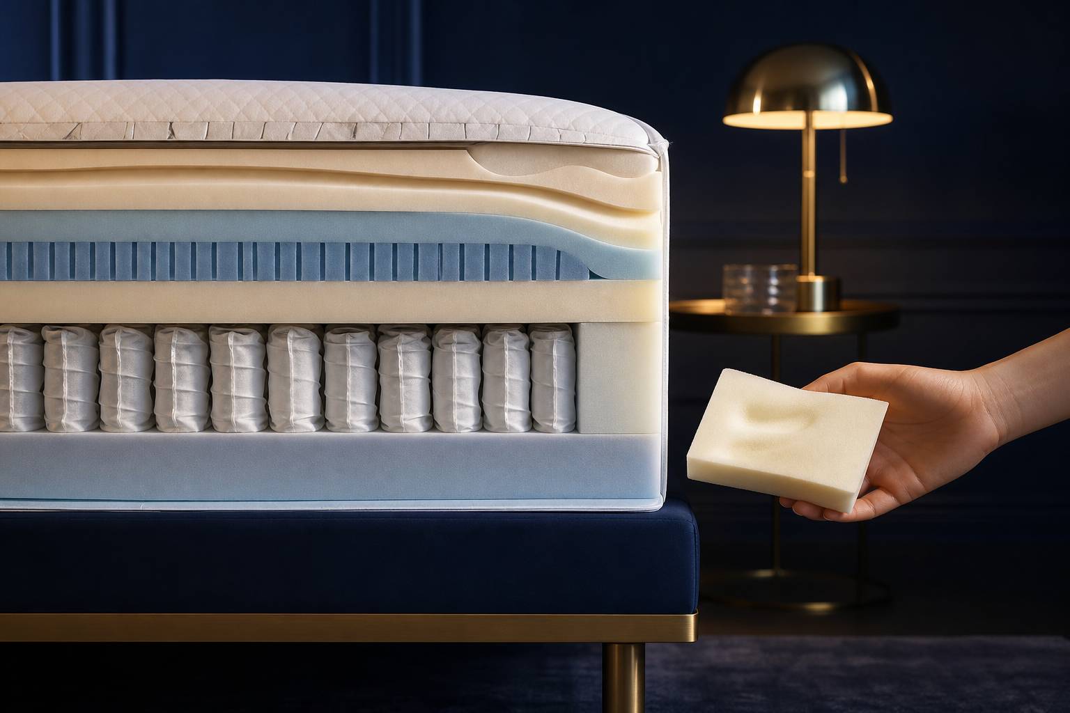 Vue en coupe d'un matelas premium montrant couches de mousse et ressorts avec échantillon en main