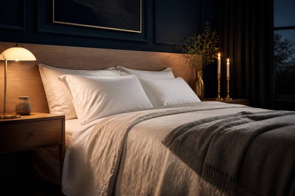 Lit fait avec des draps en lin naturel et oreillers en percale blanche