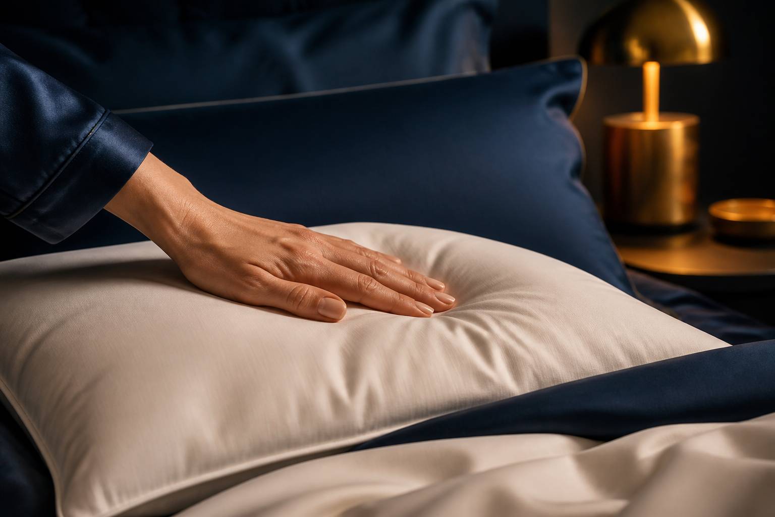Main testant la fermeté d'un oreiller au lit bleu nuit