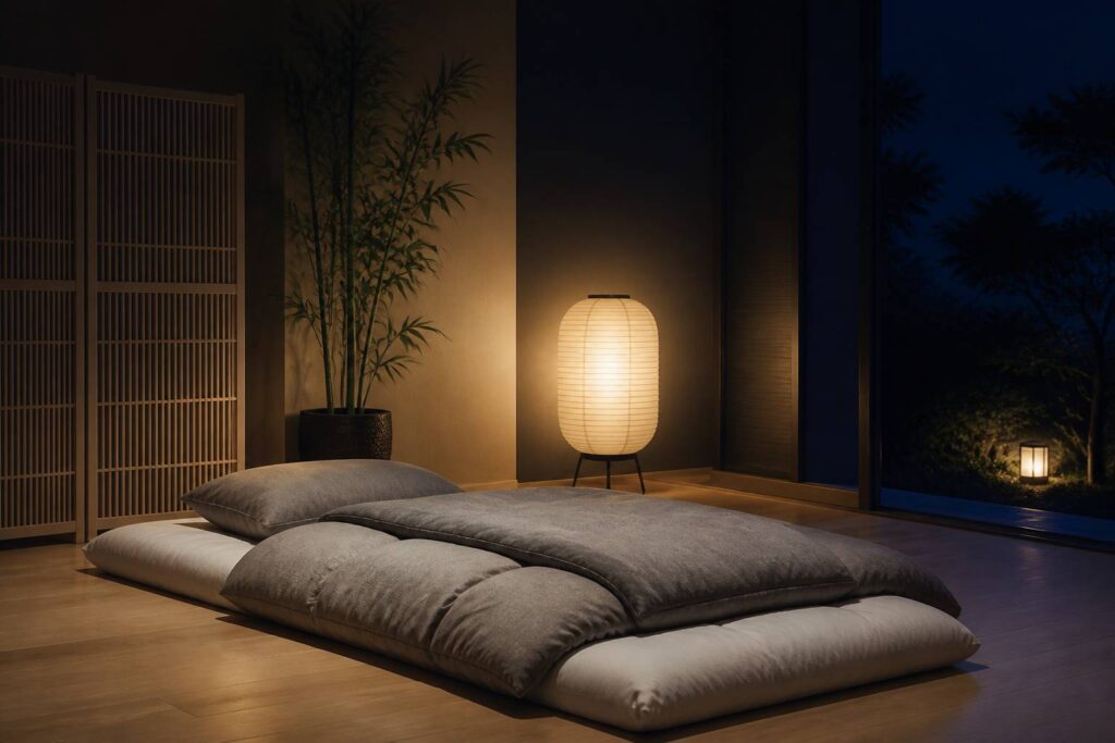 Futon japonais dans une chambre minimaliste éclairée