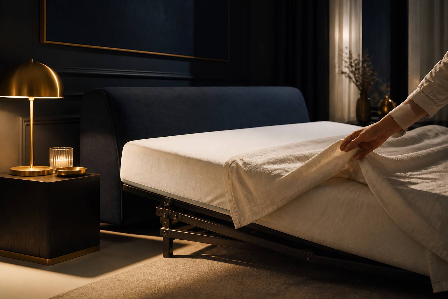Main posant une couverture en lin sur un matelas de BZ déplié