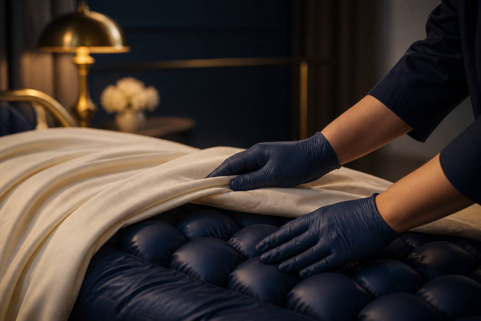 Mains gantées ajustant un matelas anti-escarres