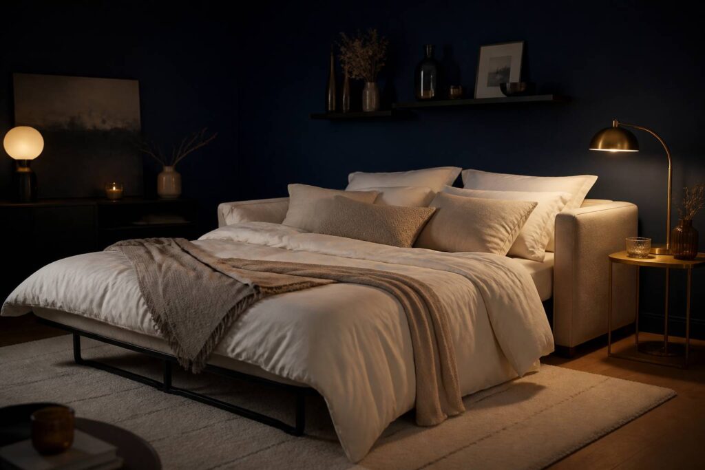 Canapé-lit BZ ouvert avec matelas épais dans une chambre bleu nuit