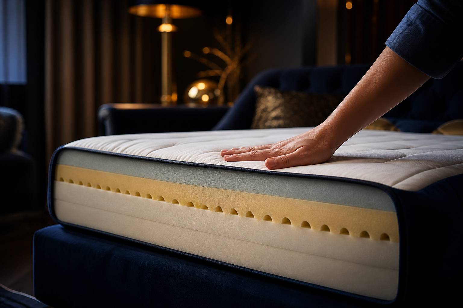 Tranche de matelas de clic-clac montrant ses couches de mousse