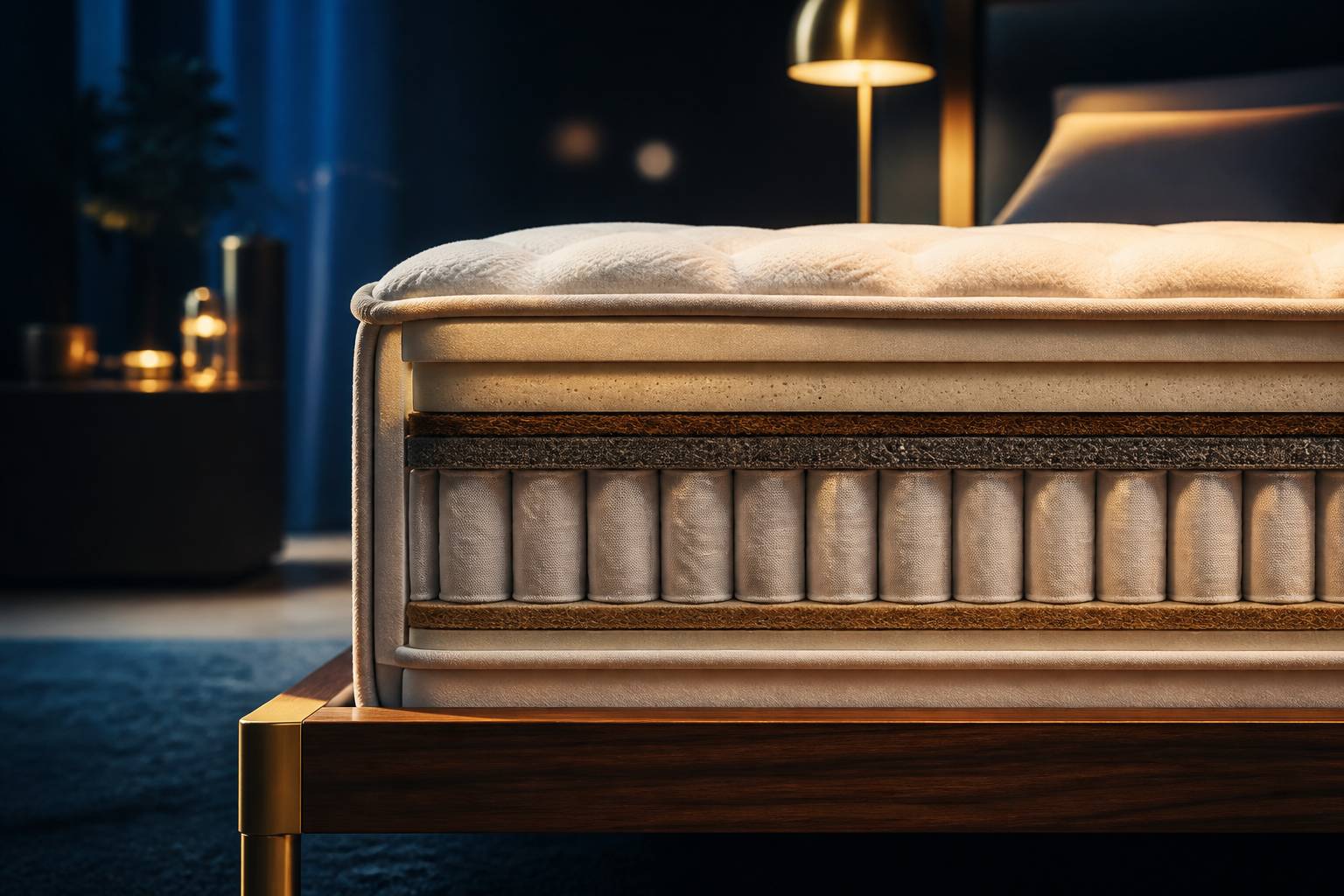 Coin de matelas montrant ses couches de soutien avec un cadre en bois