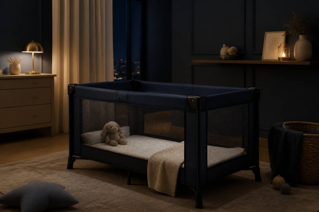 Lit parapluie avec matelas blanc ferme et veilleuse dorée dans une chambre