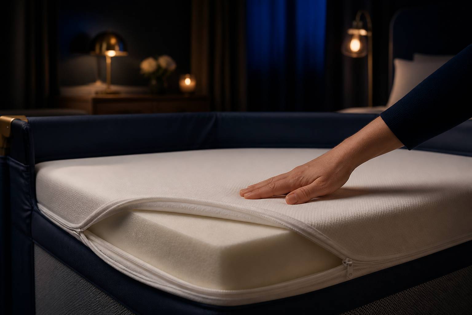 Main vérifiant la fermeté du matelas blanc dans un lit parapluie