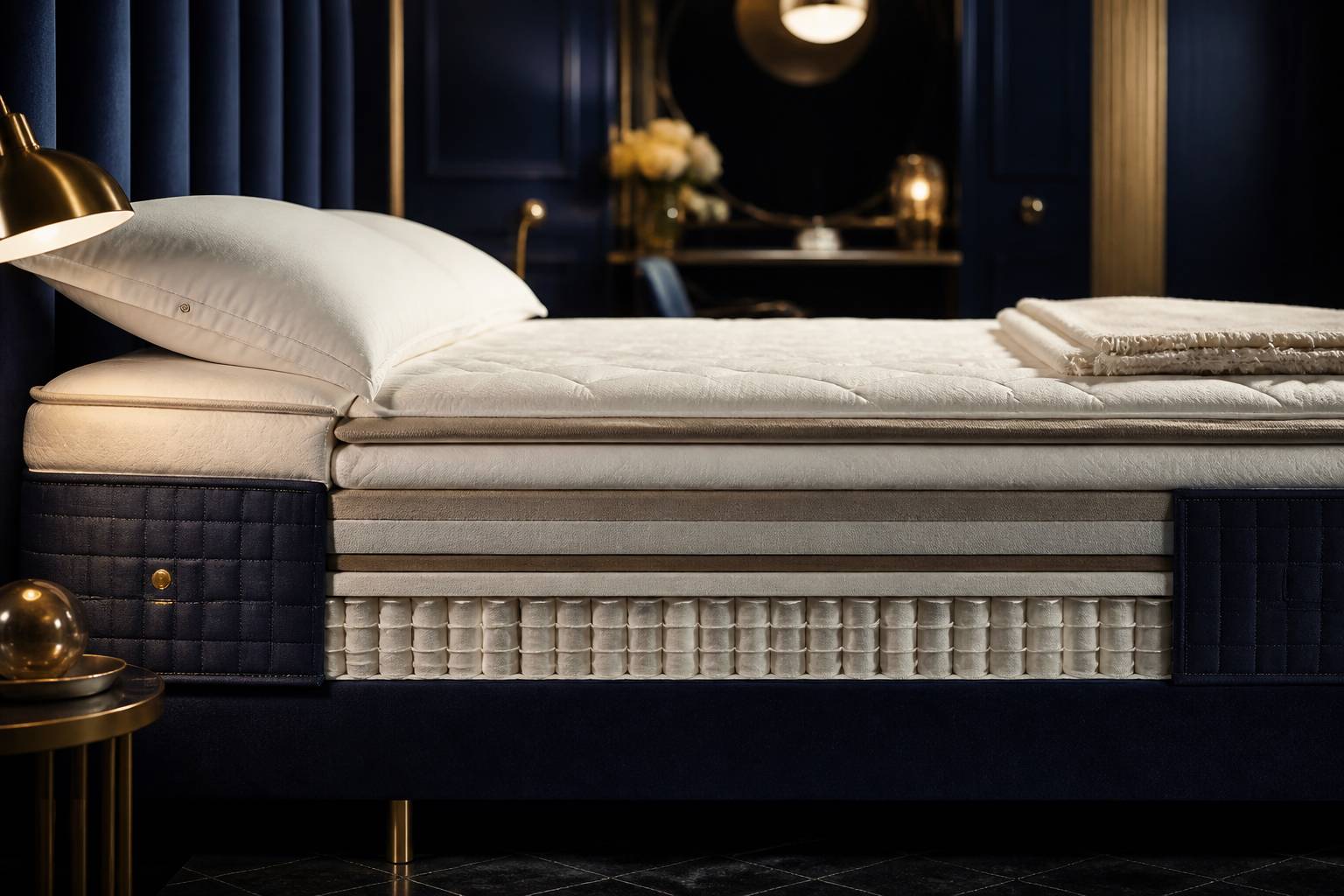Gros plan sur un matelas en coupe montrant les couches de confort