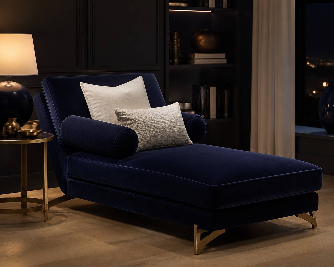 Détail d'une méridienne réversible au tissu velouté structurant un coin salon cosy