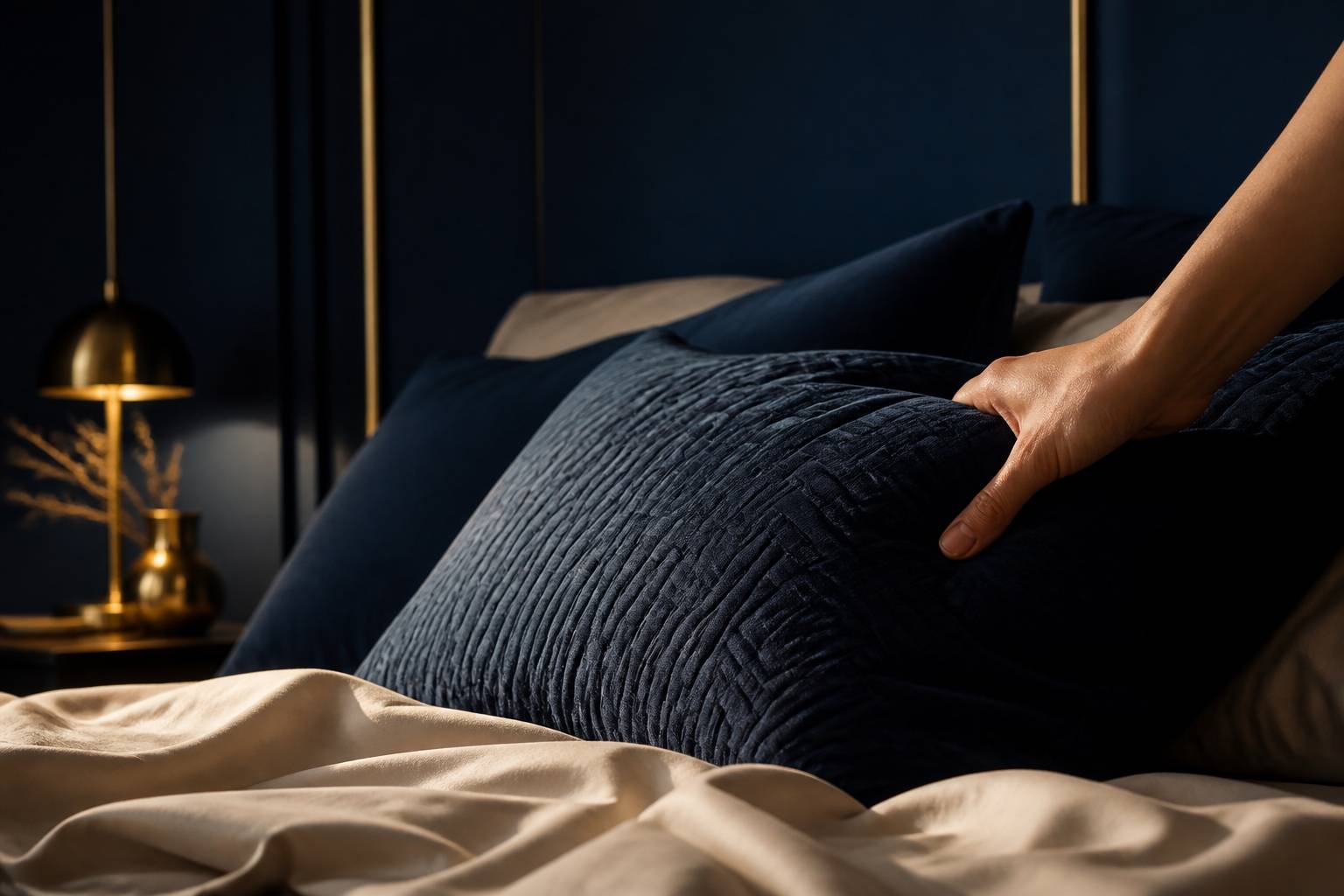 Gros plan d'un oreiller premium texturé ajusté par une main