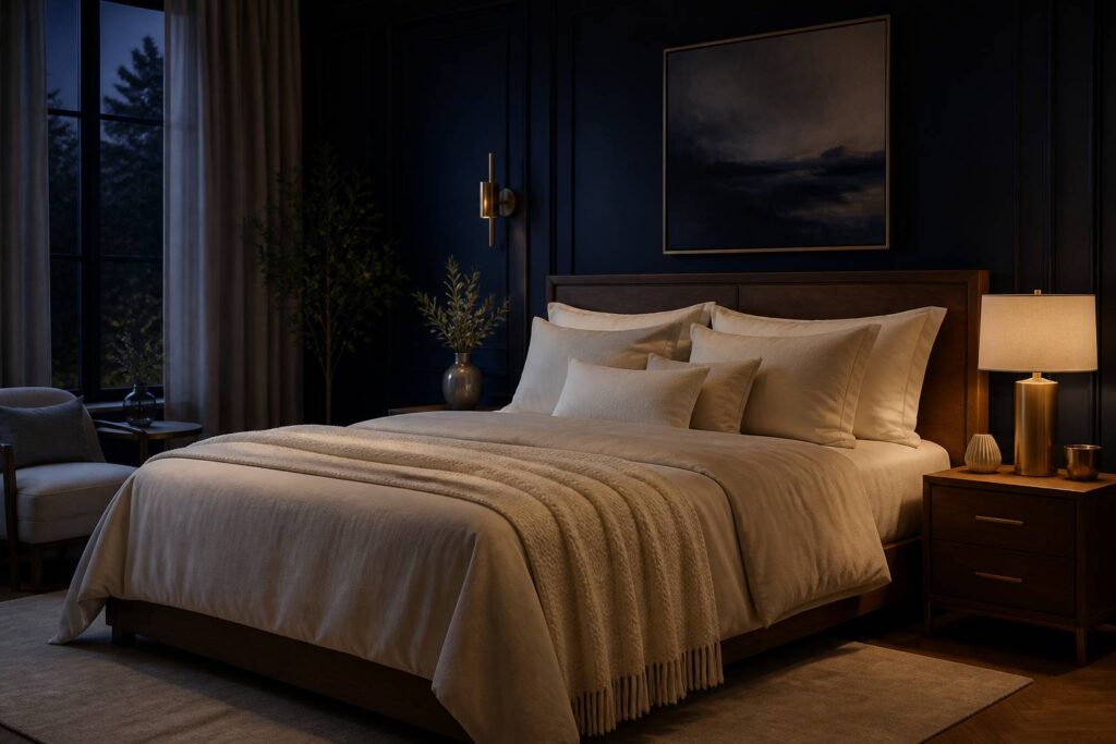 Chambre nocturne apaisante avec oreillers moelleux en lin