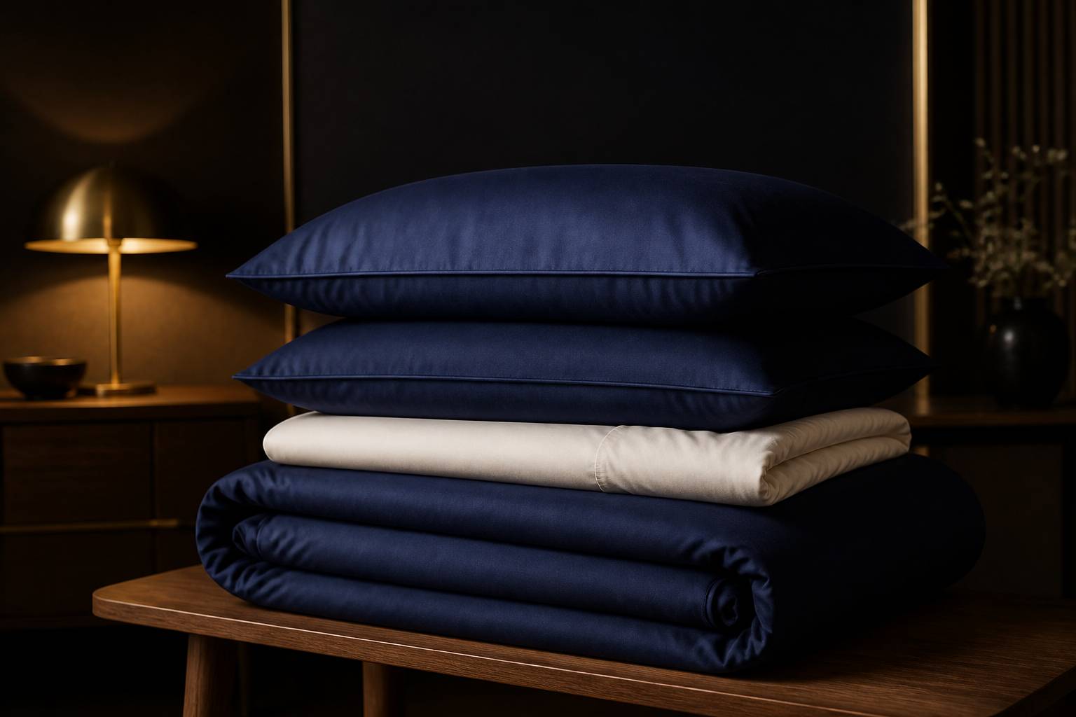 Pile de linge de lit microfibre plié avec taies