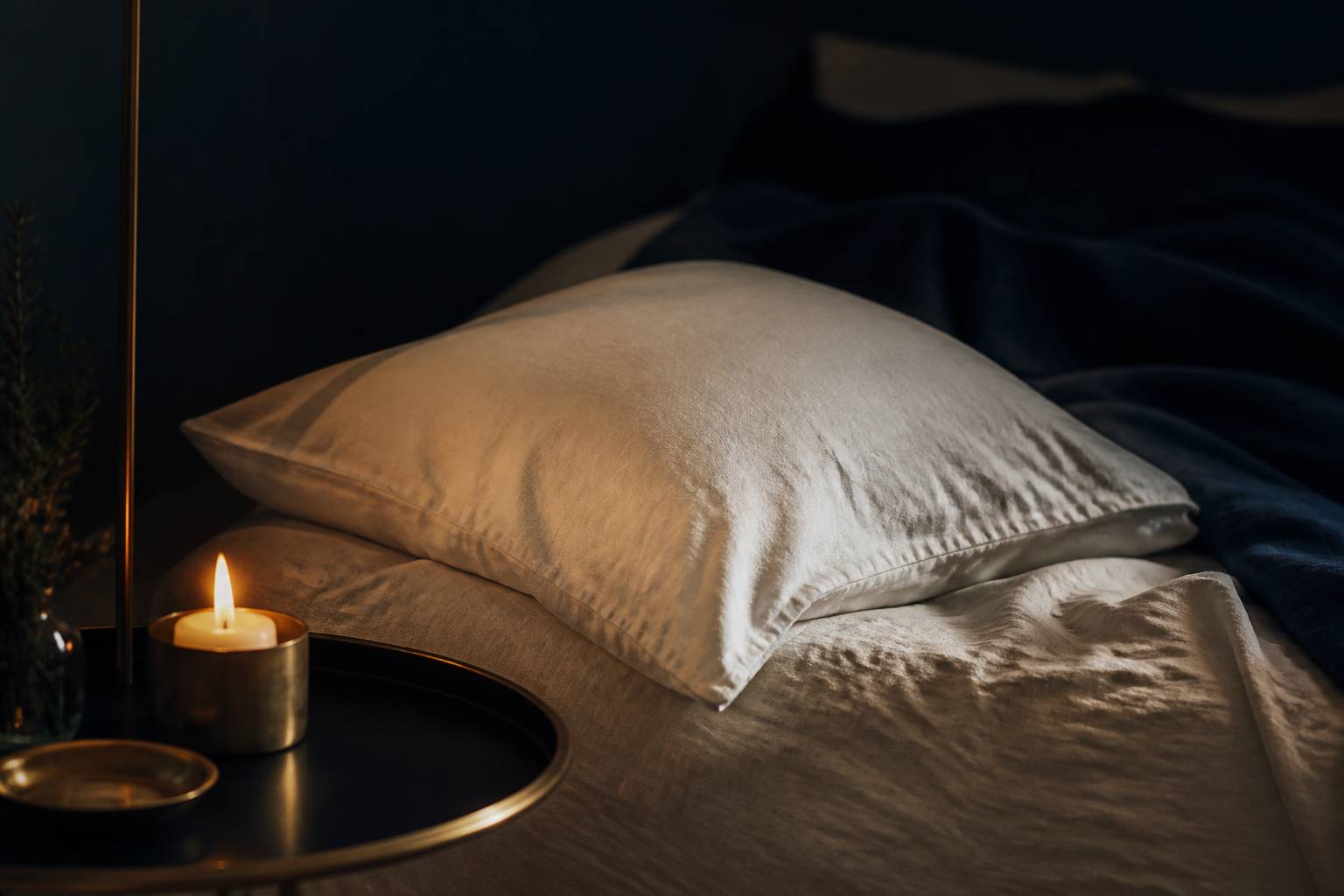 Oreiller en coton blanc sur un lit avec une bougie allumée