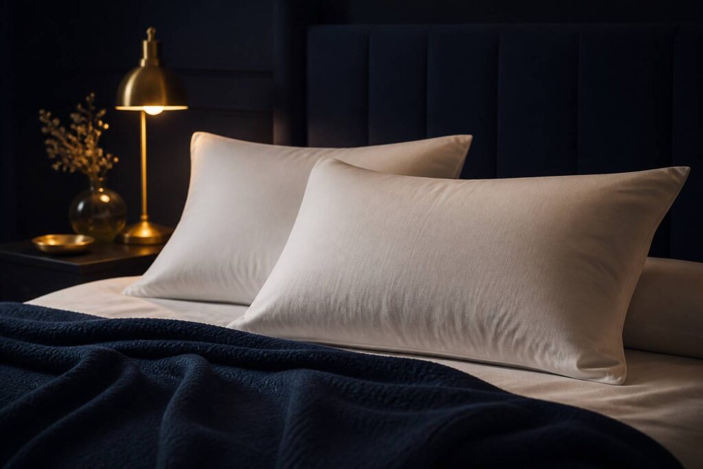 Deux taies d'oreiller en coton posées sur un lit avec un plaid bleu nuit
