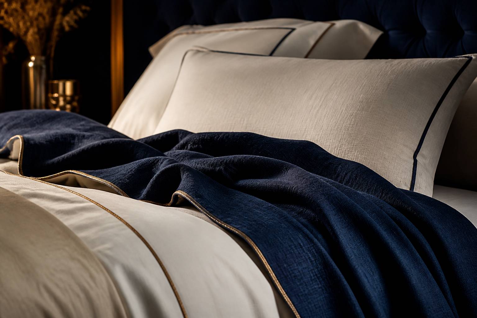 Détail de la tête de lit capitonnée et du linge bleu nuit