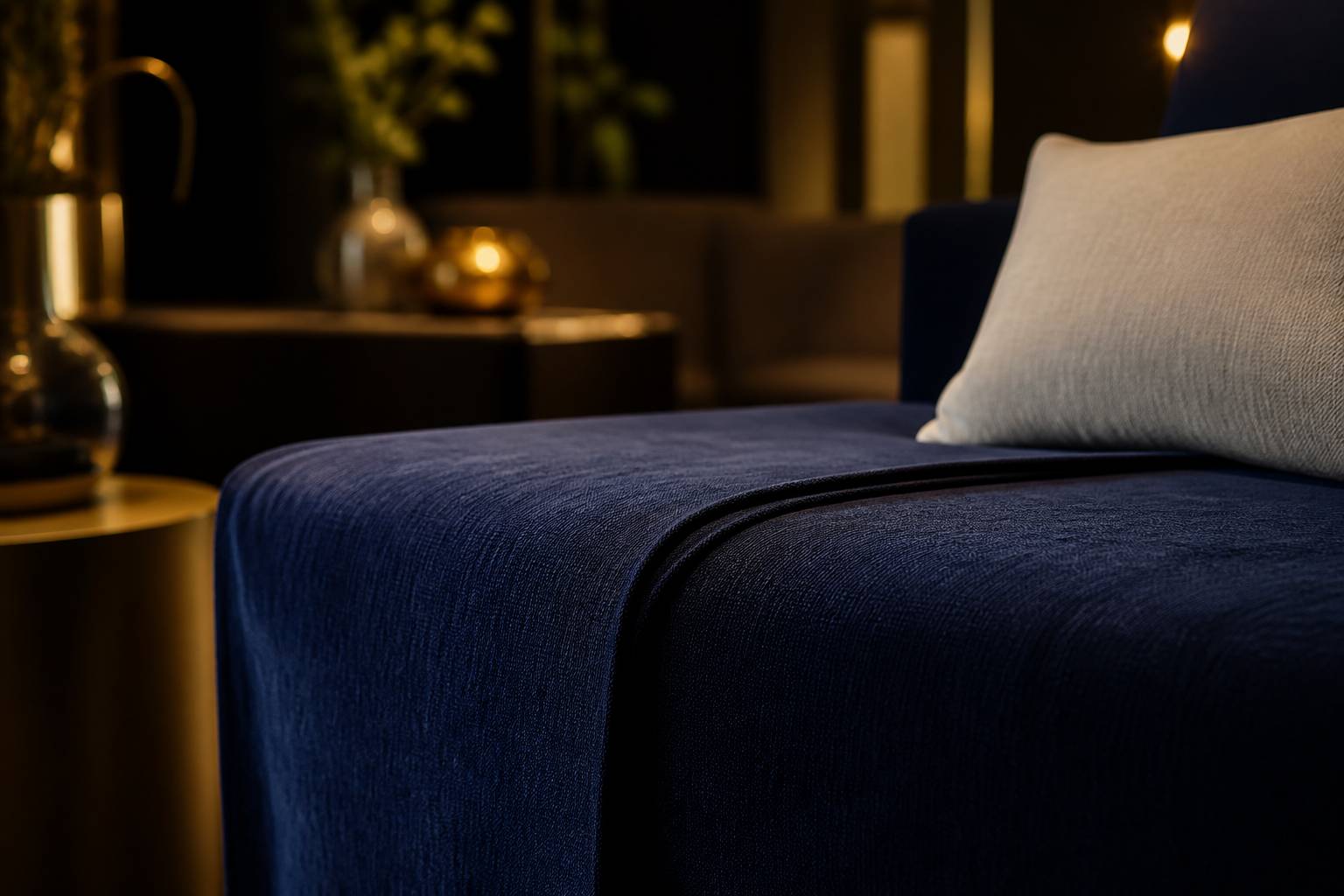 Détail de la texture en lin bleu nuit d'une housse de clic-clac