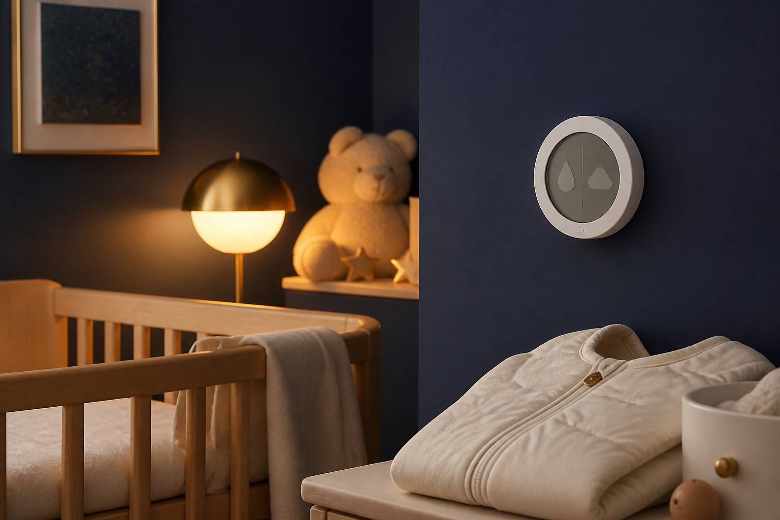 Thermomètre-hygromètre mural près d'un berceau en bois clair dans une chambre de bébé bleu nuit