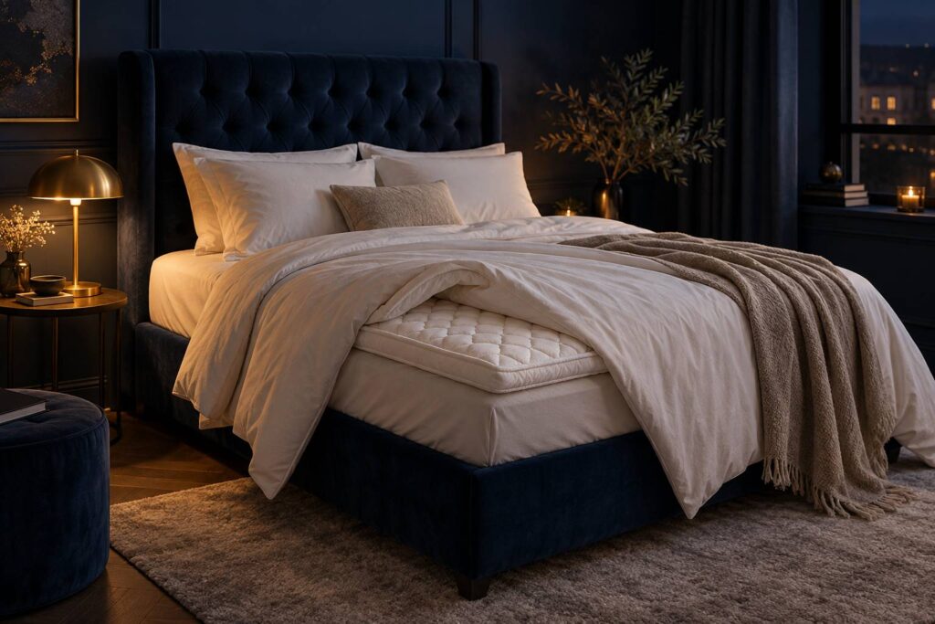 Lit 140×200 avec surmatelas alvéolé visible sous la couette, éclairé par une lampe en laiton