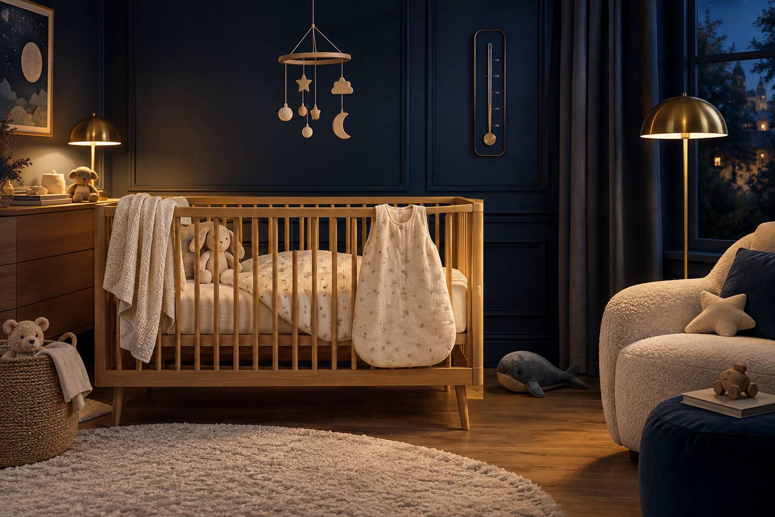 Couette légère et gigoteuse posées sur un lit de bébé en bois clair