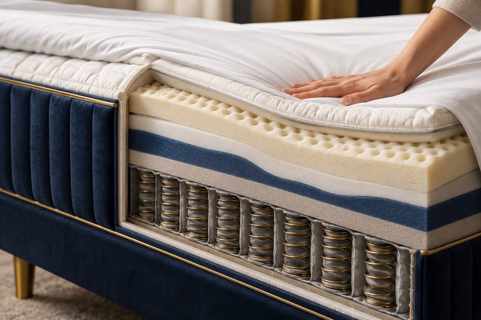 Strates de matelas et surmatelas en coupe avec une main testant l'enfoncement