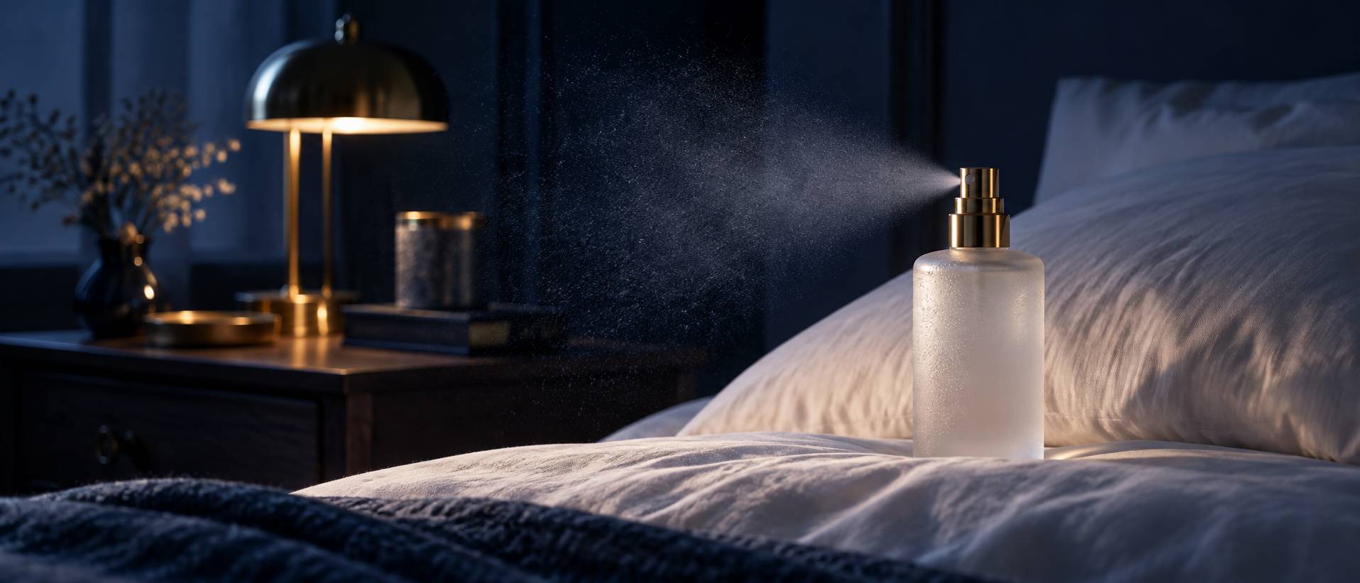 Détail d'un flacon de brume sur une taie d'oreiller avec brume fine