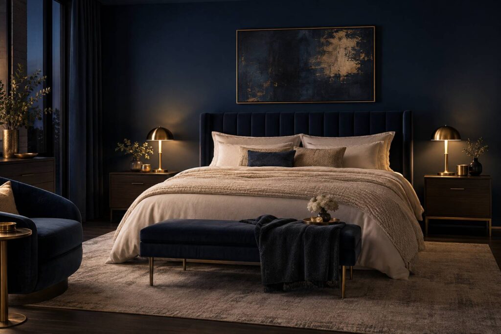 Chambre a coucher apaisante aux murs bleu nuit avec linge de lit creme