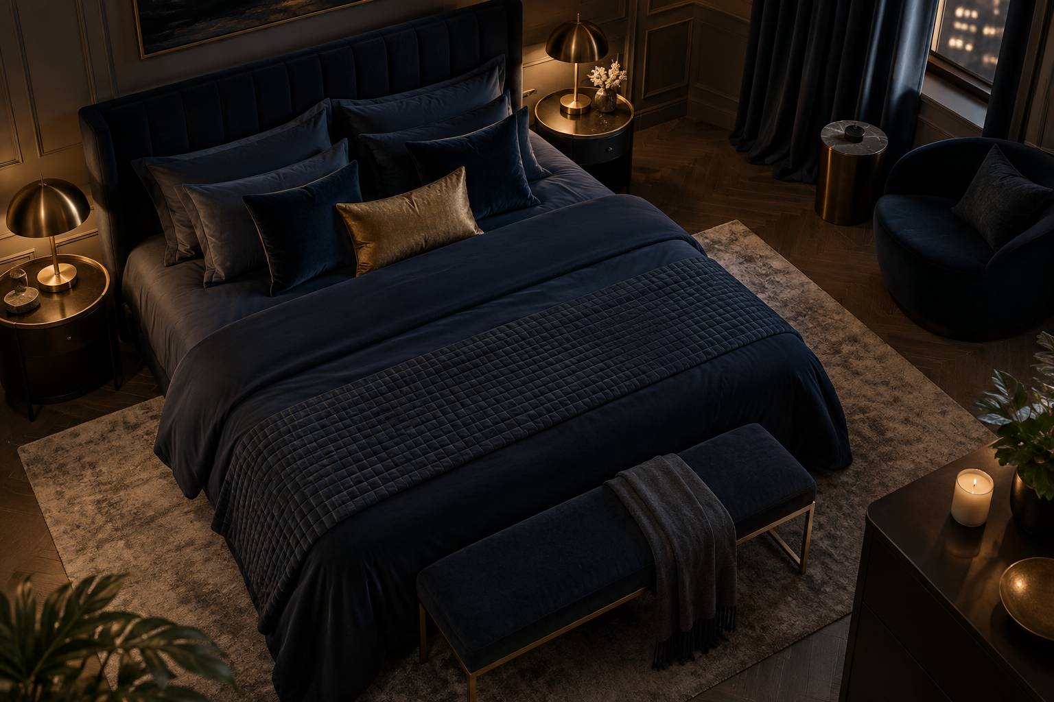 Lit fait vu de dessus avec coussins symetriques dans une chambre feutree