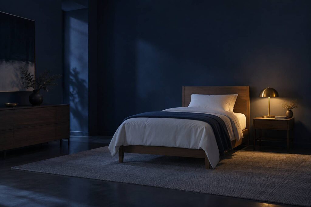 Chambre sobre avec lit simple aux draps blancs et tete de lit en bois