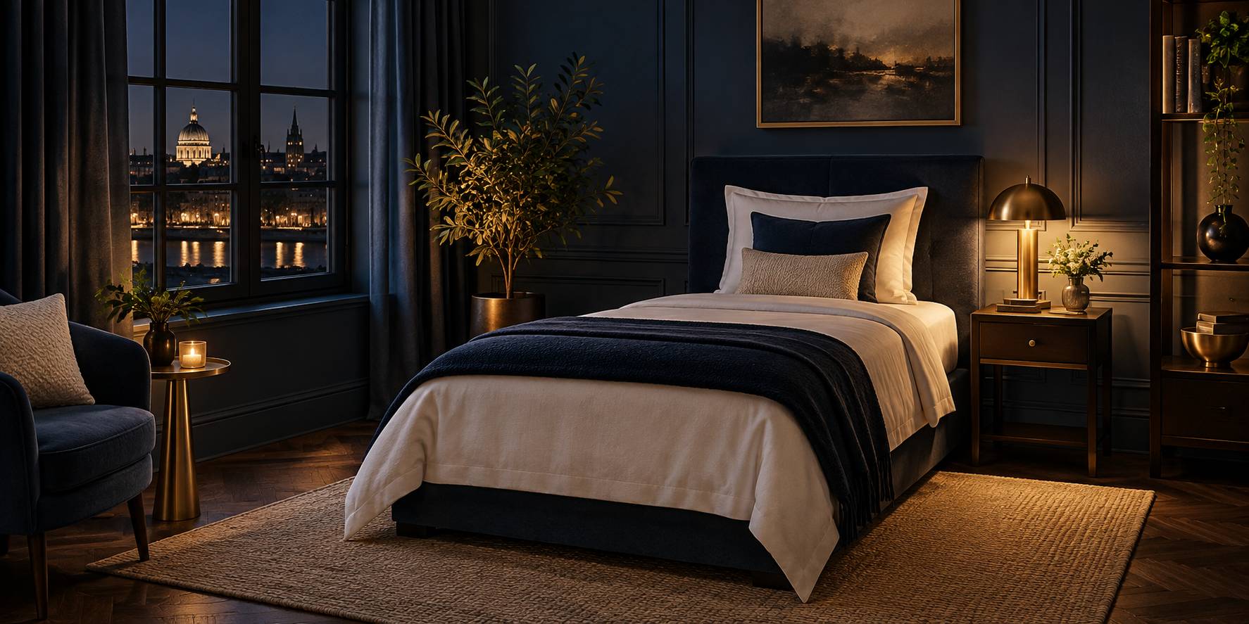 Chambre sobre avec lit simple aux draps blancs et tete de lit en bois