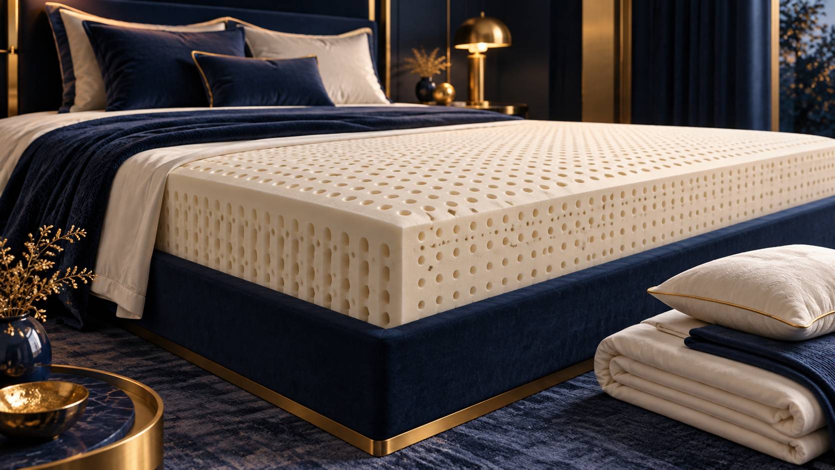 Surface alveolee d'un matelas en latex avec linge de lit plie a cote
