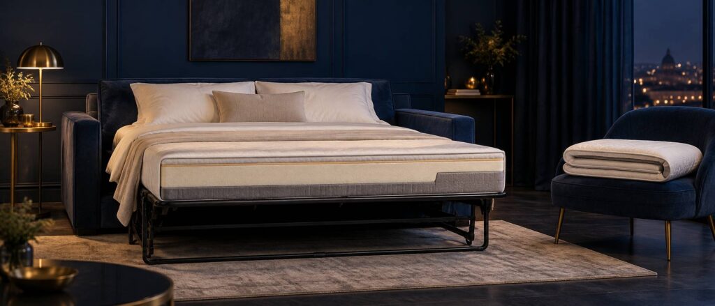 Illustration éditoriale du sujet : Matelas pour canapé convertible : quelle épaisseur pour bien dormir ?