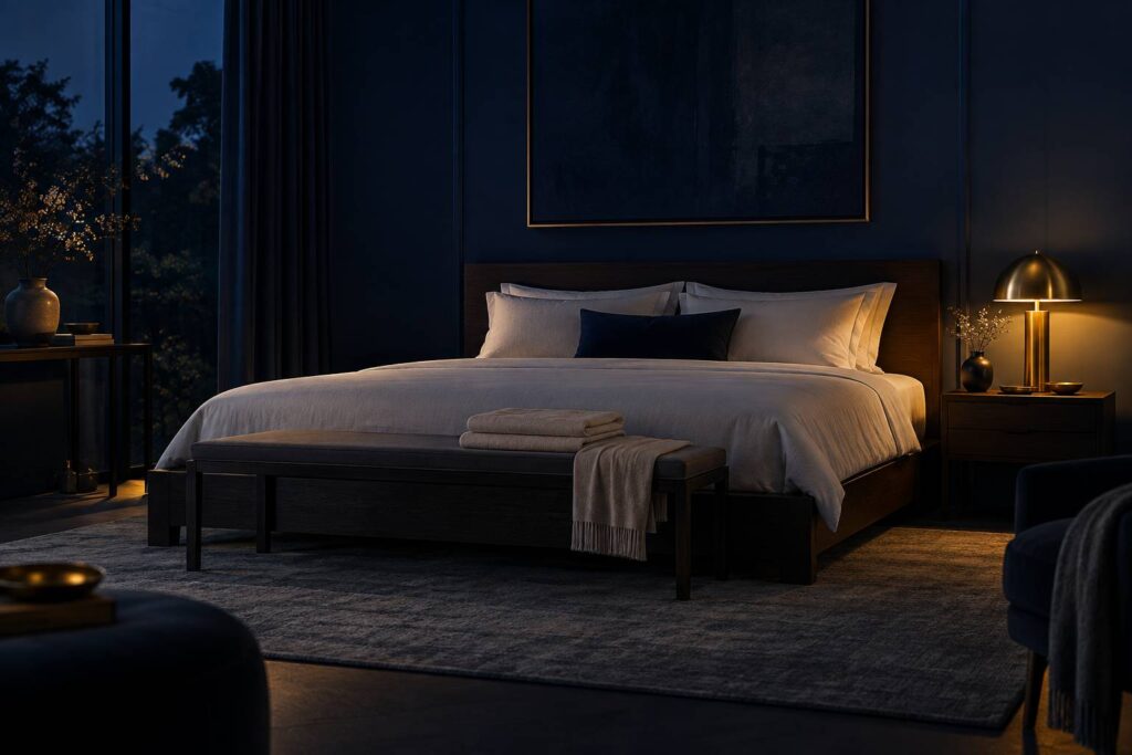Chambre nocturne feutrée avec lit au matelas clair et lampe de chevet