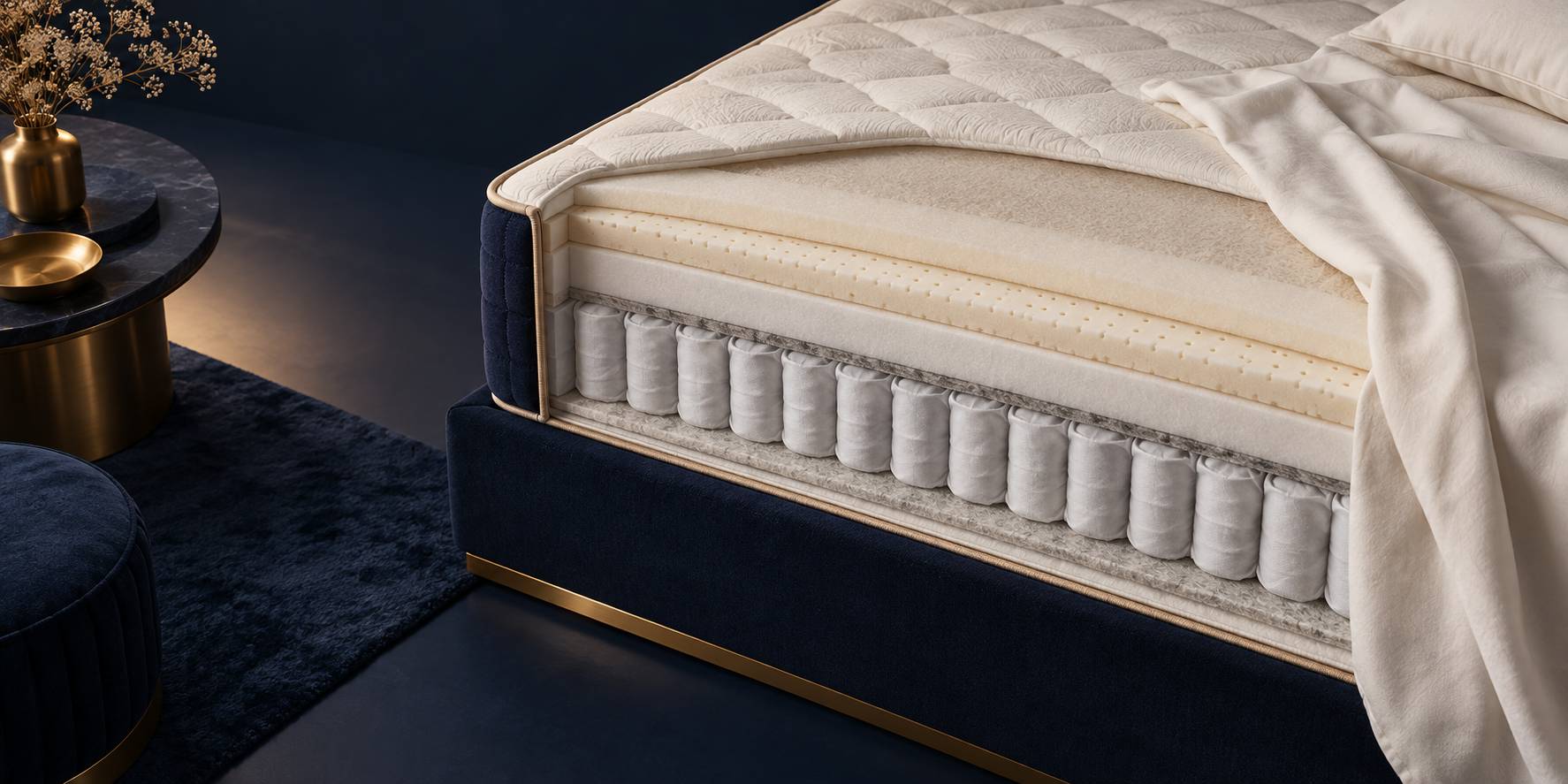 Coupe générique de matelas avec ressorts ensachés alignés dans leurs pochettes